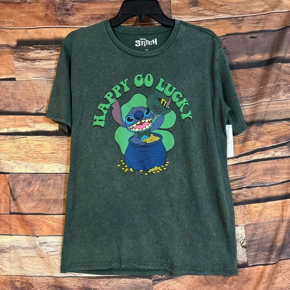 Disney Stitch Men's Green XS T-Shirt Happy Go Lucky St. Patrick's Day Graphic